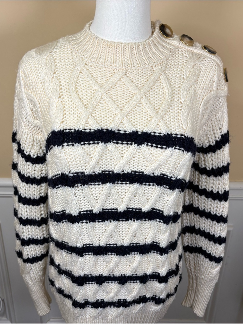 🤍 Sézane XS 100% Merino Wool Cable Knit Striped Sweater Made in Italy 🇮🇹